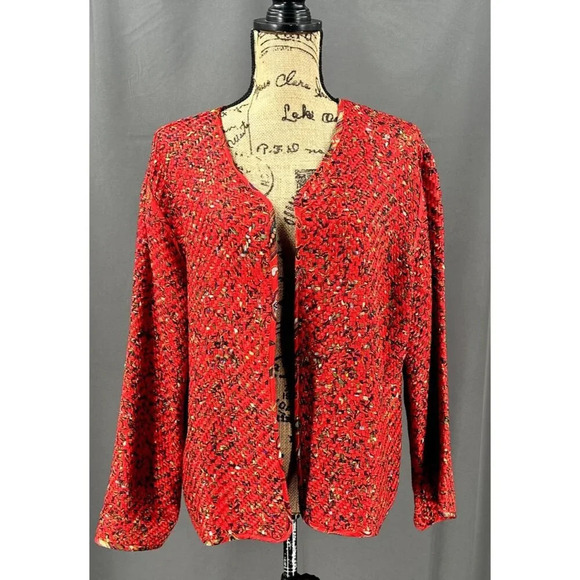 Chico's Design Blazer Women Large SILK Red Orient Weave Multicolor Jacket Pocket - Picture 1 of 8
